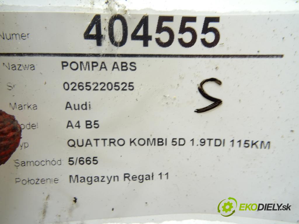 AUDI A4 B5 Avant (8D5) 1994 - 2002    1.9 TDI quattro 85 kW [115 KM] olej napędowy 2000   Pumpa ABS 0265220525 (Pumpy ABS)