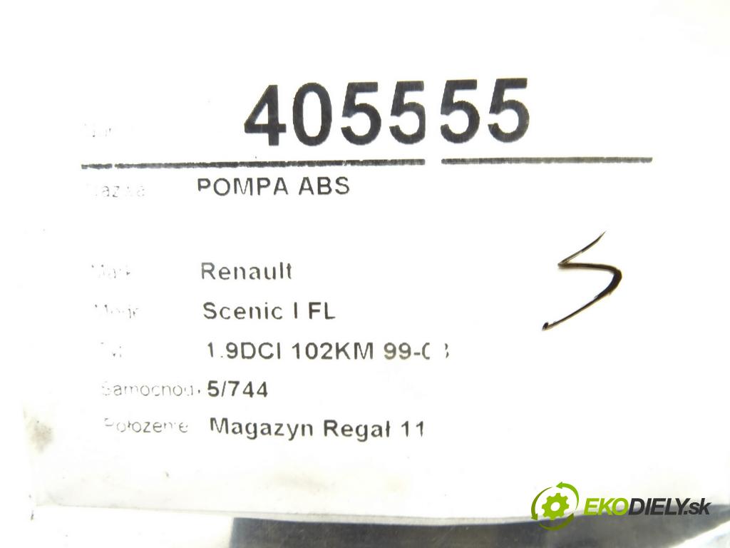 RENAULT SCÉNIC I nadwozie wielkoprzestrzenne (MPV) (JA0/1_, FA0_) 1999 - 2010    1.9 dCi RX4 75 kW [102 KM] olej napędowy 2000 - 20  Pumpa ABS 0265950046 (Pumpy ABS)