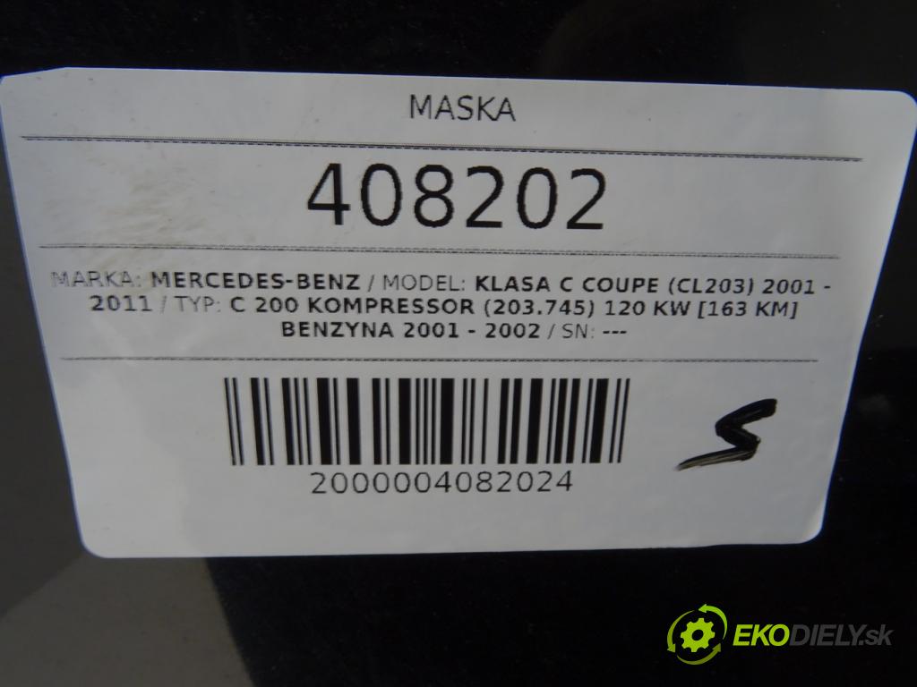 MERCEDES-BENZ KLASA C coupe (CL203) 2001 - 2011    C 200 Kompressor (203.745) 120 kW [163 KM] benzyna  Kapota  (Kapoty)