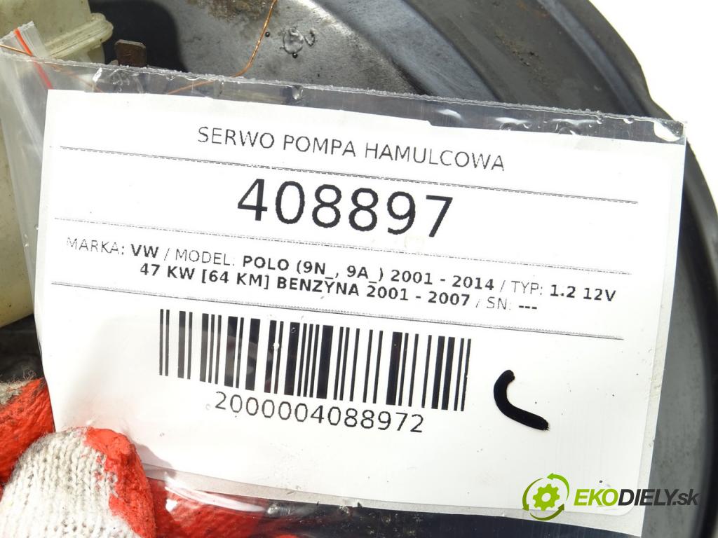 VW POLO (9N_, 9A_) 2001 - 2014    1.2 12V 47 kW [64 KM] benzyna 2001 - 2007  Posilovač Pumpa brzdová  (Posilňovače bŕzd)