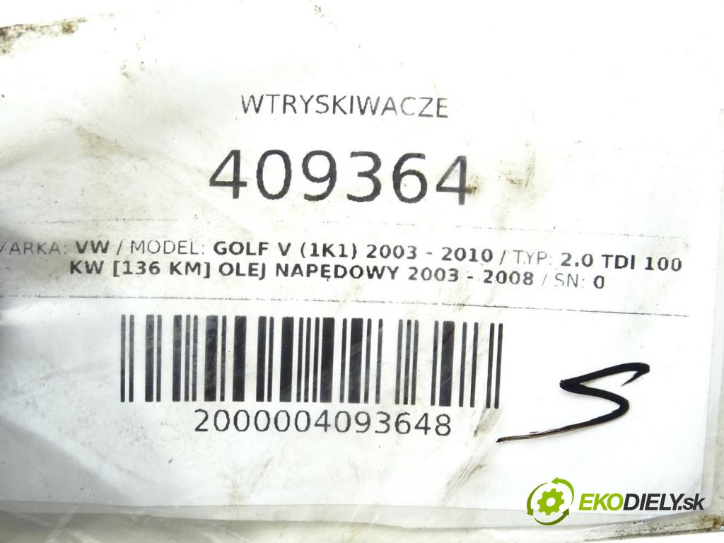 VW GOLF V (1K1) 2003 - 2010    2.0 TDI 100 kW [136 KM] olej napędowy 2003 - 2008  vstrekovače 0414720404 03G130073G (Vstrekovače)