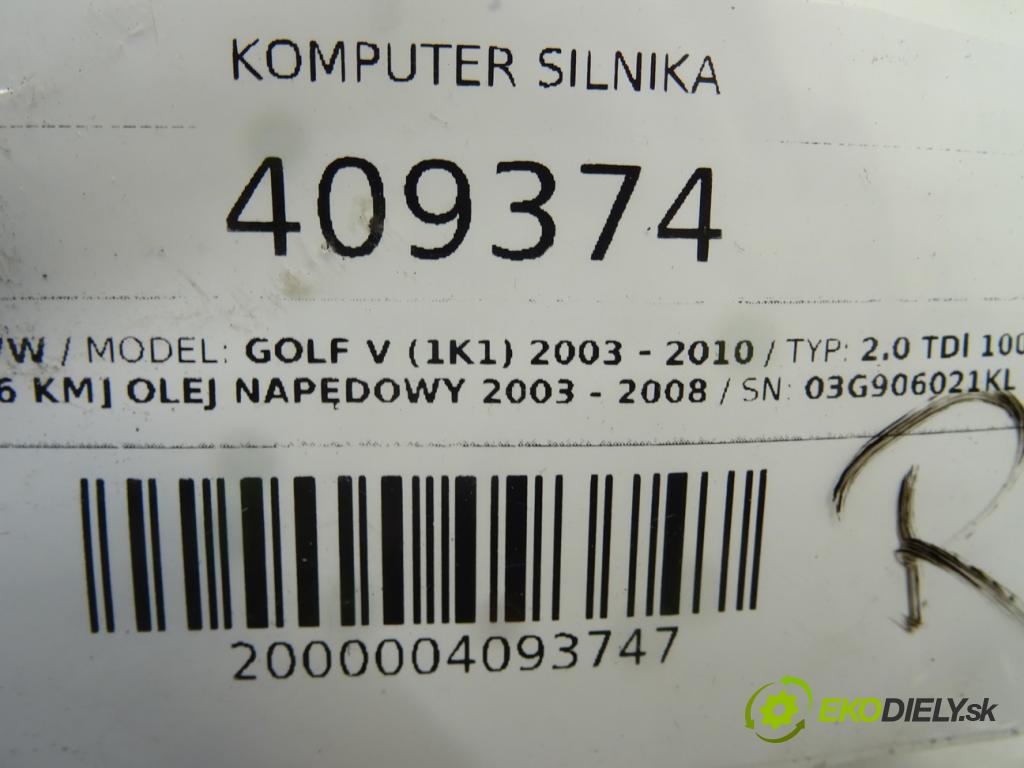 VW GOLF V (1K1) 2003 - 2010    2.0 TDI 100 kW [136 KM] olej napędowy 2003 - 2008  riadiaca jednotka Motor 03G906021KL (Riadiace jednotky)