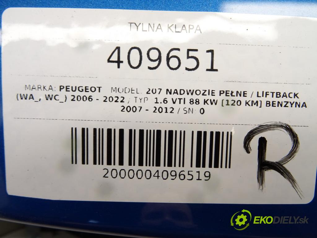 PEUGEOT 207 Nadwozie pełne / liftback (WA_, WC_) 2006 - 2022    1.6 VTi 88 kW [120 KM] benzyna 2007 - 2012  zadná kapota 0 (Zadné kapoty)