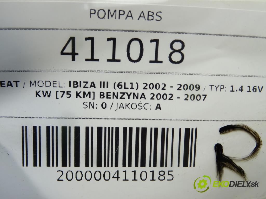 SEAT IBIZA III (6L1) 2002 - 2009    1.4 16V 55 kW [75 KM] benzyna 2002 - 2007  Pumpa ABS 6Q0907379G (Pumpy ABS)