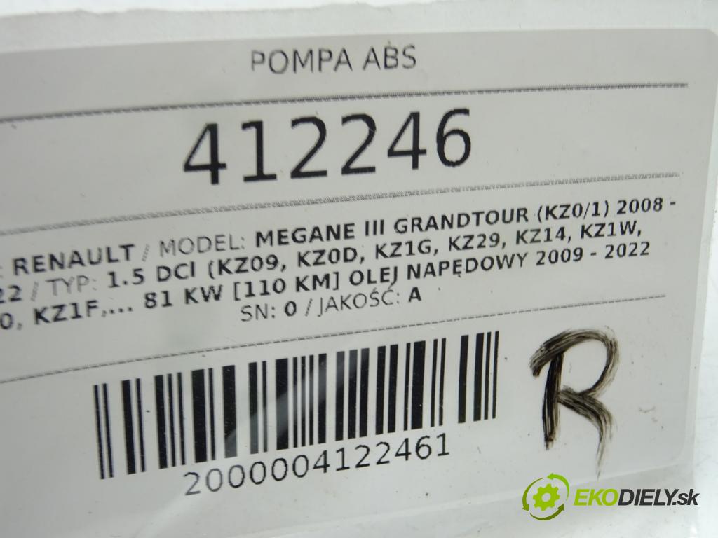 RENAULT MEGANE III Grandtour (KZ0/1) 2008 - 2022    1.5 dCi (KZ09, KZ0D, KZ1G, KZ29, KZ14, KZ1W, KZ10,  Pumpa ABS 476605296R (Pumpy ABS)