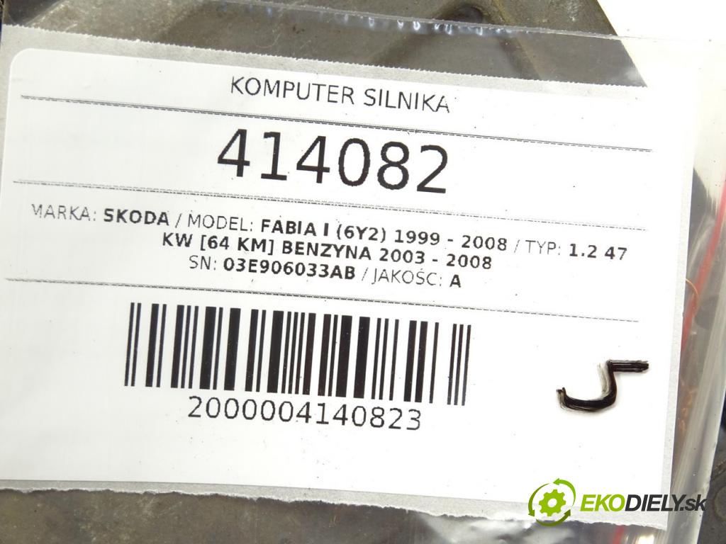 SKODA FABIA I (6Y2) 1999 - 2008    1.2 47 kW [64 KM] benzyna 2003 - 2008  riadiaca jednotka Motor 03E906033AB (Riadiace jednotky)