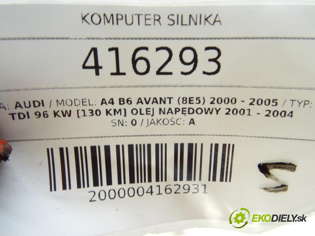 AUDI A4 B6 Avant (8E5) 2000 - 2005    1.9 TDI 96 kW [130 KM] olej napędowy 2001 - 2004  riadiaca jednotka Motor 038906019JL (Riadiace jednotky)