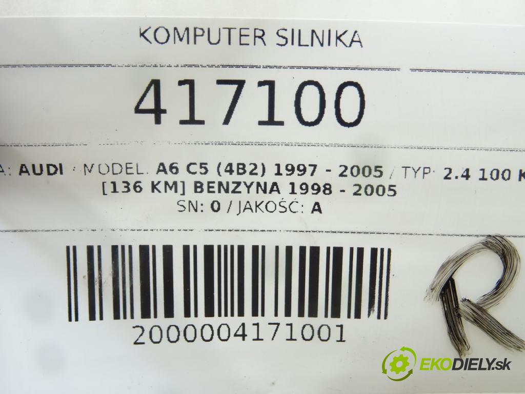 AUDI A6 C5 (4B2) 1997 - 2005    2.4 100 kW [136 KM] benzyna 1998 - 2005  riadiaca jednotka Motor 4B0907552E (Riadiace jednotky)