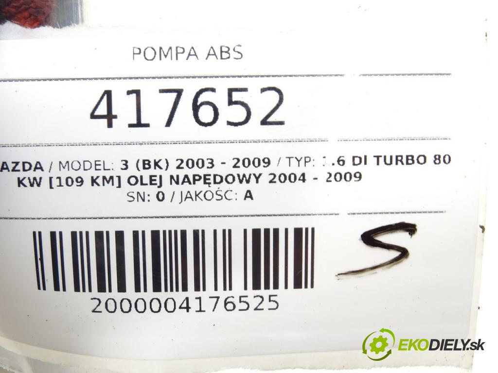 MAZDA 3 (BK) 2003 - 2009    1.6 DI Turbo 80 kW [109 KM] olej napędowy 2004 - 2  Pumpa ABS 10.0960-0115.3 (Pumpy ABS)