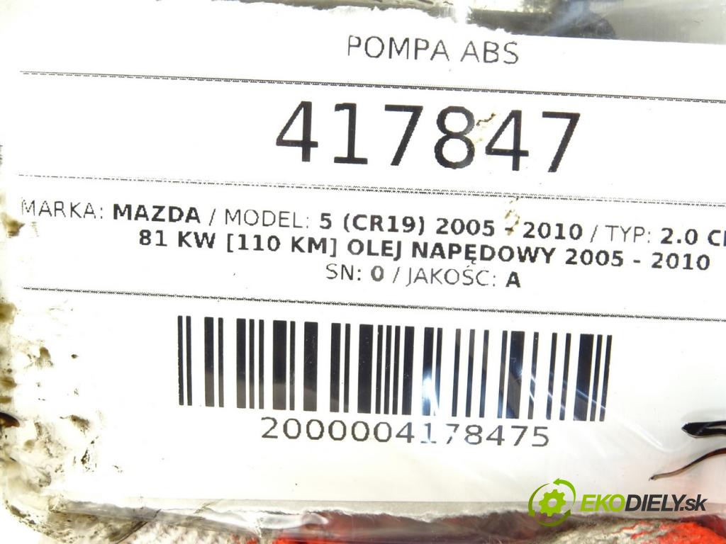 MAZDA 5 (CR19) 2005 - 2010    2.0 CD (CR19) 81 kW [110 KM] olej napędowy 2005 -   Pumpa ABS 5N61-2C405-GA (Pumpy ABS)