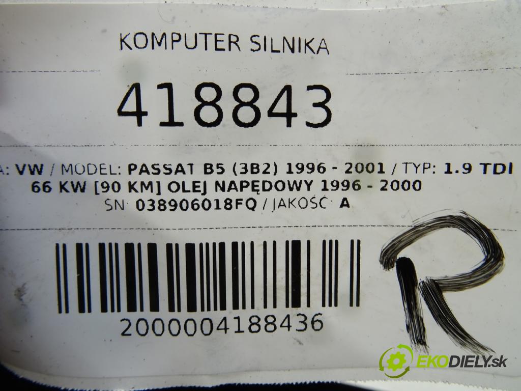 VW PASSAT B5 (3B2) 1996 - 2001    1.9 TDI 66 kW [90 KM] olej napędowy 1996 - 2000  riadiaca jednotka Motor 038906018FQ (Riadiace jednotky)