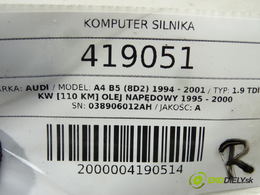 AUDI A4 B5 (8D2) 1994 - 2001    1.9 TDI 81 kW [110 KM] olej napędowy 1995 - 2000  riadiaca jednotka Motor 038906012AH (Riadiace jednotky)