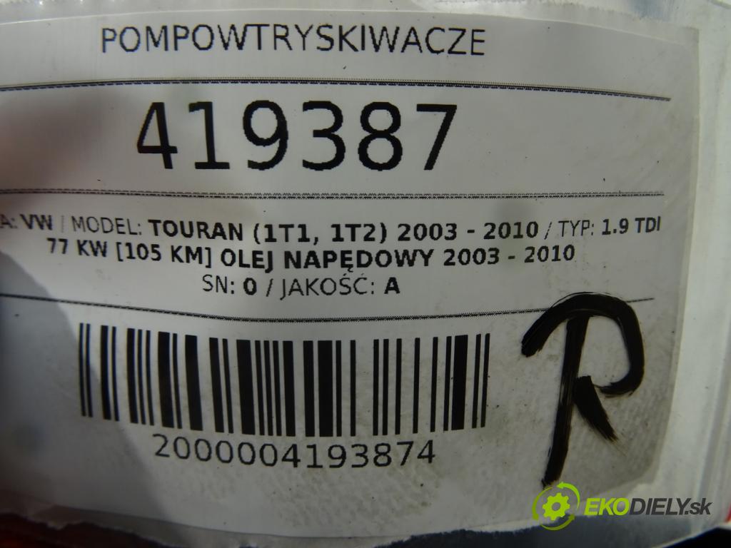 VW TOURAN (1T1, 1T2) 2003 - 2010    1.9 TDI 77 kW [105 KM] olej napędowy 2003 - 2010  vstrekovače 0986441509 (Vstrekovače)