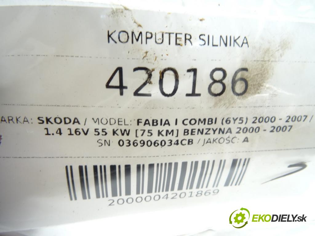 SKODA FABIA I Combi (6Y5) 2000 - 2007    1.4 16V 55 kW [75 KM] benzyna 2000 - 2007  riadiaca jednotka Motor 036906034CB (Riadiace jednotky)