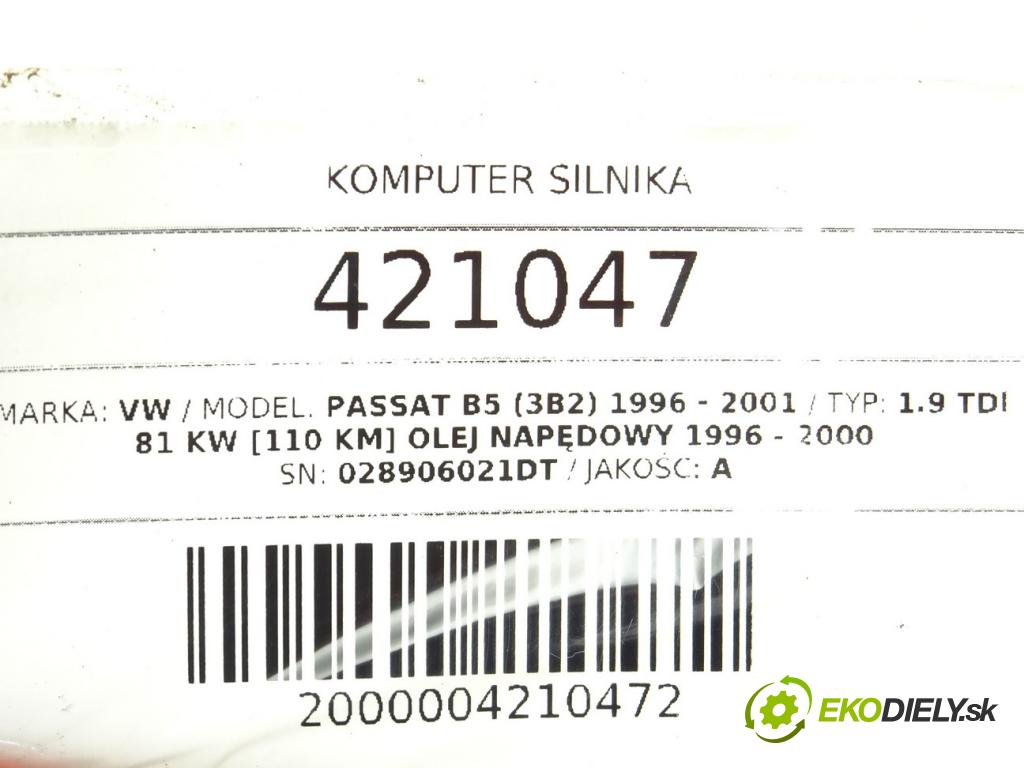 VW PASSAT B5 (3B2) 1996 - 2001    1.9 TDI 81 kW [110 KM] olej napędowy 1996 - 2000  riadiaca jednotka Motor 028906021DT (Riadiace jednotky)