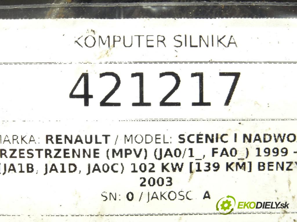 RENAULT SCÉNIC I nadwozie wielkoprzestrzenne (MPV) (JA0/1_, FA0_) 1999 - 2010    2.0 16V (JA1B, JA1D, JA0C) 102 kW [139 KM] benzyna  riadiaca jednotka Motor 8200124318 (Riadiace jednotky)