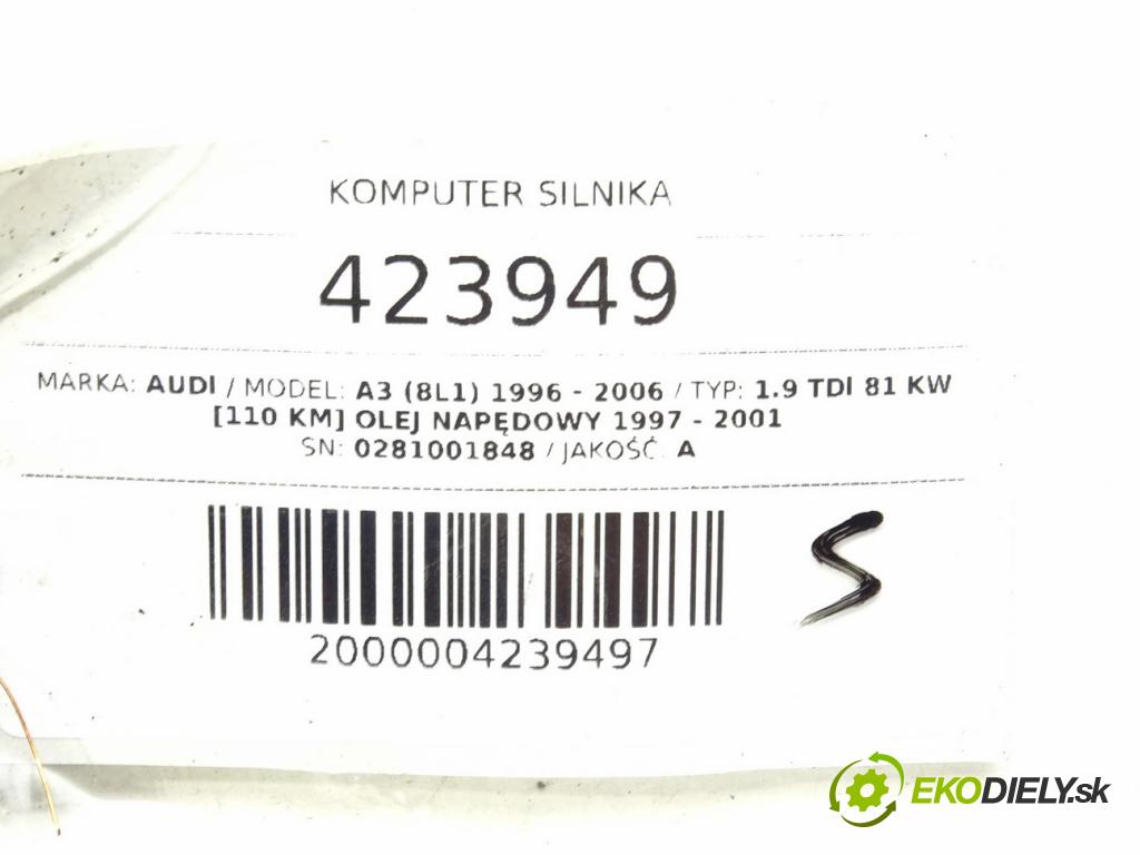 AUDI A3 (8L1) 1996 - 2006    1.9 TDI 81 kW [110 KM] olej napędowy 1997 - 2001  riadiaca jednotka Motor 038906018BP (Riadiace jednotky)