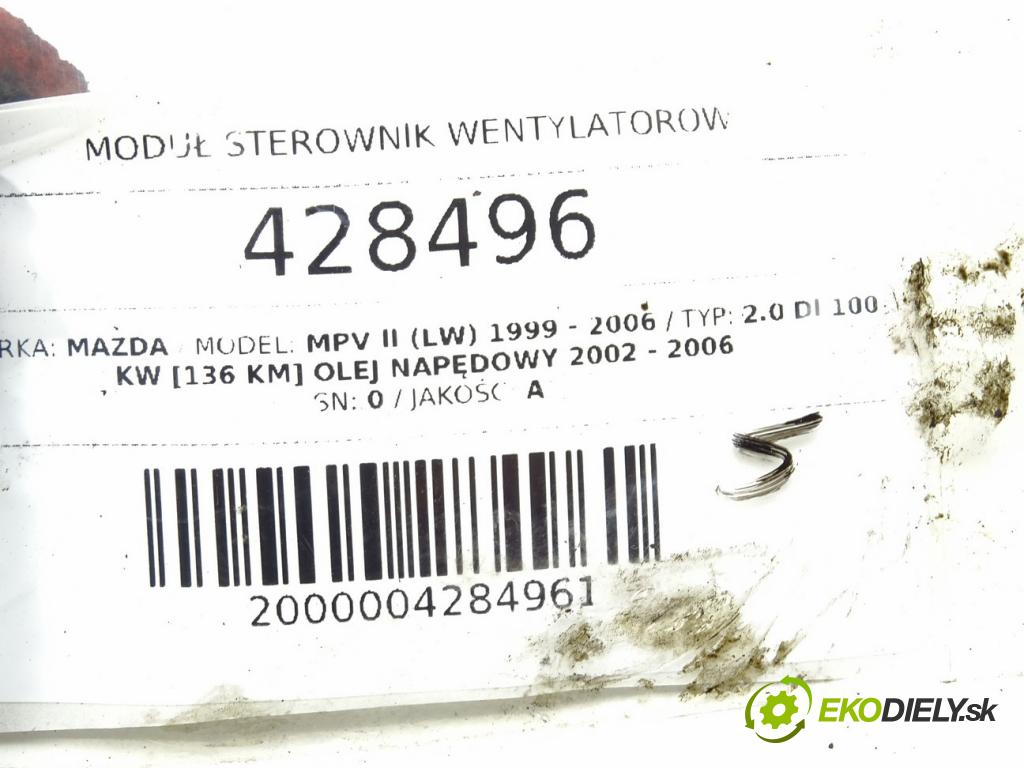 MAZDA MPV II (LW) 1999 - 2006    2.0 DI 100 kW [136 KM] olej napędowy 2002 - 2006  Modul Riadiaca jednotka ventilátora 1G060-19700 (Ostatné)