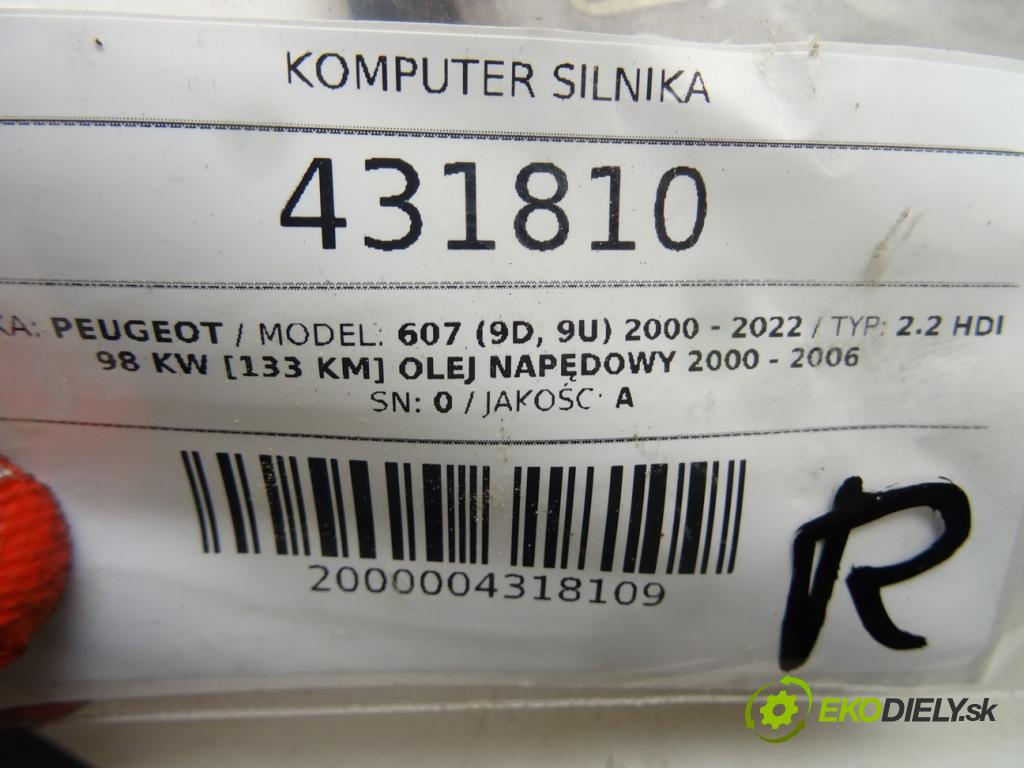 PEUGEOT 607 (9D, 9U) 2000 - 2022    2.2 HDi 98 kW [133 KM] olej napędowy 2000 - 2006  riadiaca jednotka Motor 0281010597 (Riadiace jednotky)