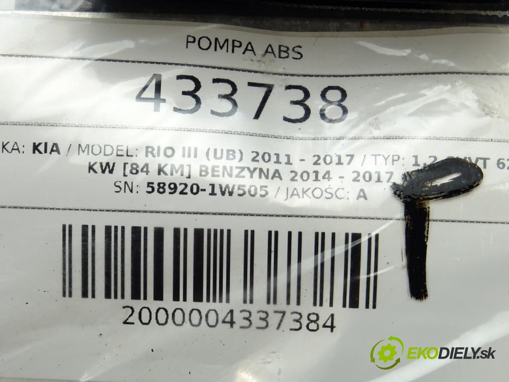 KIA RIO III (UB) 2011 - 2017    1.2 CVVT 62 kW [84 KM] benzyna 2014 - 2017  Pumpa ABS 58920-1W505 (Pumpy ABS)