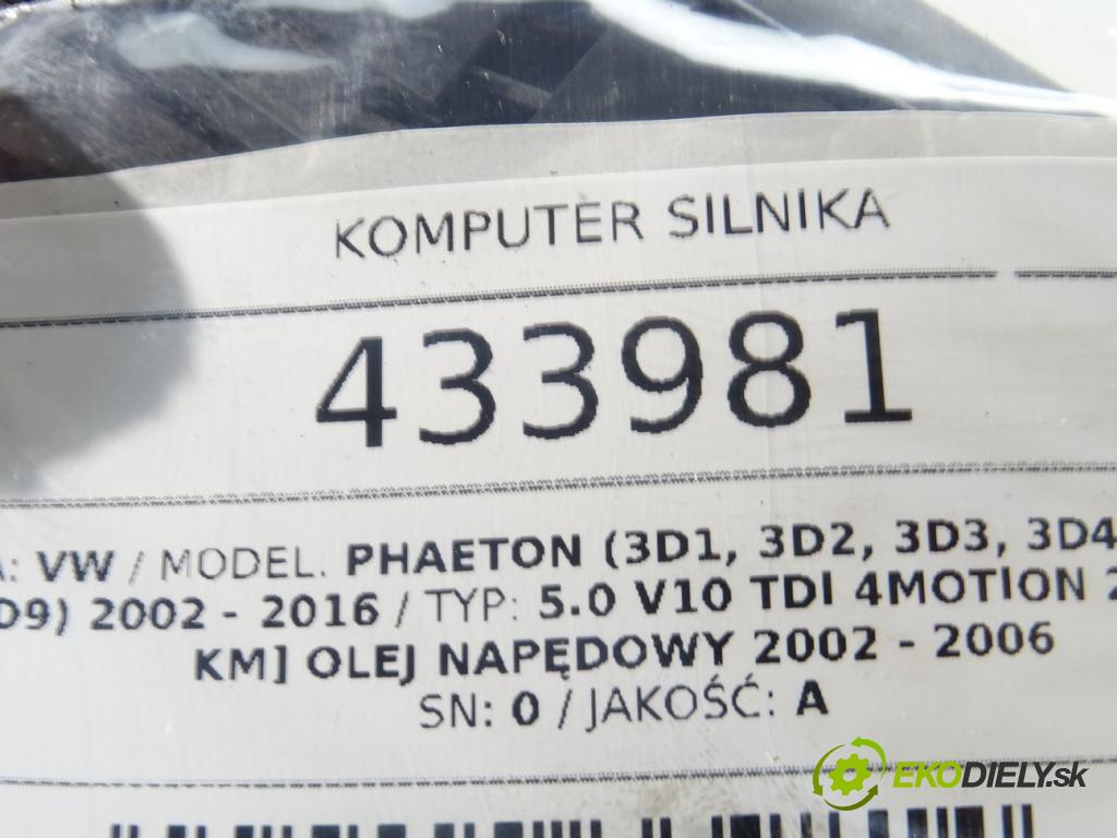 VW PHAETON (3D1, 3D2, 3D3, 3D4, 3D6, 3D7, 3D8, 3D9) 2002 - 2016    5.0 V10 TDI 4motion 230 kW [313 KM] olej napędowy   riadiaca jednotka Motor 070906016B (Riadiace jednotky)