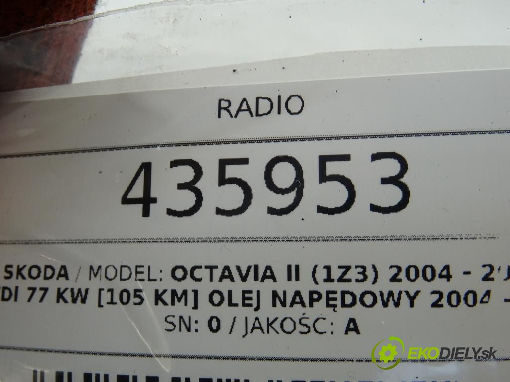 SKODA OCTAVIA II (1Z3) 2004 - 2013    1.9 TDI 77 kW [105 KM] olej napędowy 2004 - 2010  RADIO 1Z0035161A (Audio zariadenia)