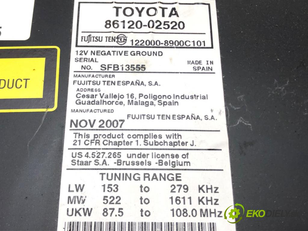 TOYOTA AURIS (_E15_) 2006 - 2012    1.6 (ZRE151_) 91 kW [124 KM] benzyna 2007 - 2012  RADIO 86120-02520 (Audio zařízení)