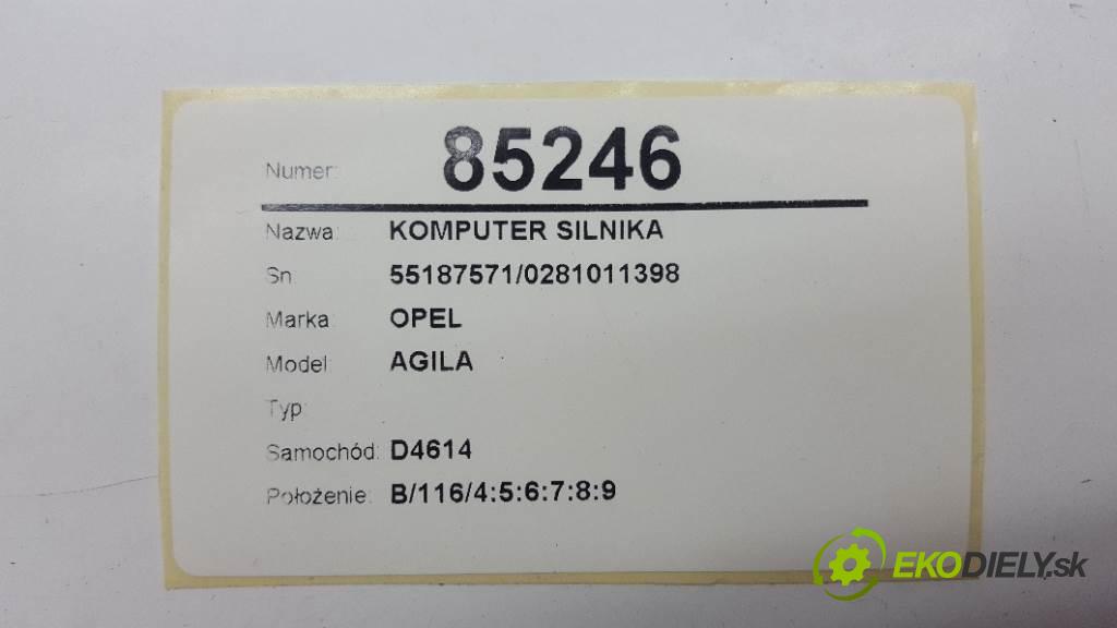 OPEL AGILA   2003 55kw   1199 řídící jednotka motora 55187571/0281011398 (Řídící jednotky)